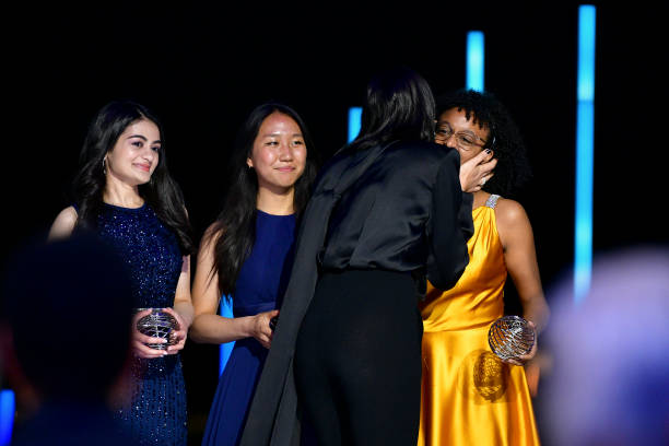 Noor Haideri, Amber Kwok, Gal Gadot and Maryam Tsegaye stand onstage at the Ninth Breakthrough Prize Ceremony at Academy Museum of Motion Pictures on...