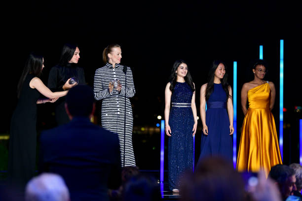 Gal Gadot, Julia Milner, Noor Haideri, Amber Kwok and Maryam Tsegaye stand onstage at the Ninth Breakthrough Prize Ceremony at Academy Museum of...