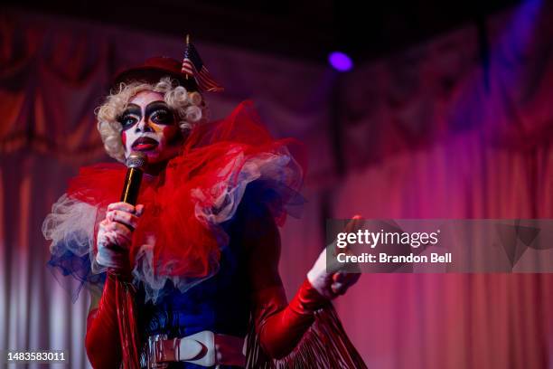 Drag queen Raemonn James, from Austin, Texas, who performs under the name 'Her Majesty' performs during the Vanguard drag show at the Swan Dive...