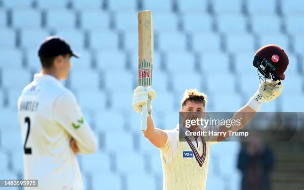 Tom Abell of Somerset celebrates their century during Day One of the LV= Insurance County Championship Division 1 match between Somerset and...