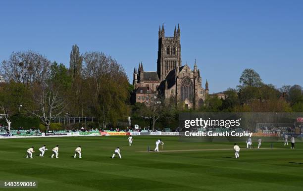 Tom Price of Gloucestershire dismisses Azhar Ali of Worcestershire to complete his during the LV= Insurance County Championship Division 2 match...