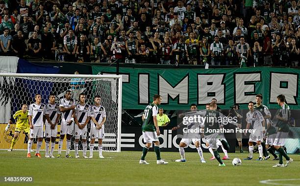 Kris Boyd of the Portland Timbers scores a goal on a free kick against the Los Angeles Galaxy on July 14, 2012 at Jeld-Wen Field in Portland, Oregon.