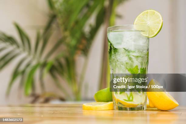 slices fruits near glass drink with ice herbs board,romania - drinking lemonade stock pictures, royalty-free photos & images