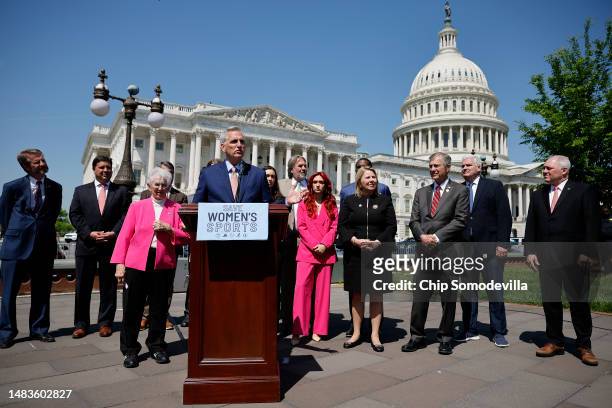 Speaker of the House Kevin McCarthy joins Rep. Virginia Foxx , track and field athlete Selina Soule and other Republicans for an event to celebrate...