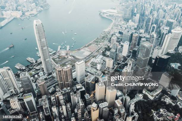 aerial view of are modern buildings exterior at hong kong - city of detroit teeters on bankruptcy as state audits its finances stockfoto's en -beelden
