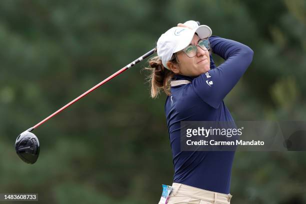 Marina Alex of the United States hits a tee shot of the 13th hole during the first round of The Chevron Championship at The Club at Carlton Woods on...