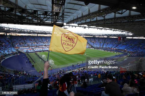 General view of the inside of the stadium, as a fan of AS Roma waves a flag, prior to the UEFA Europa League Quarterfinal Second Leg match between AS...