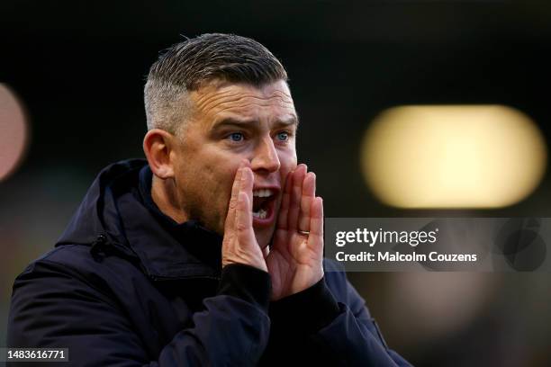 Plymouth Argyle manager Steven Schumacher reacts during the Sky Bet League One between Shrewsbury Town and Plymouth Argyle at Montgomery Waters...