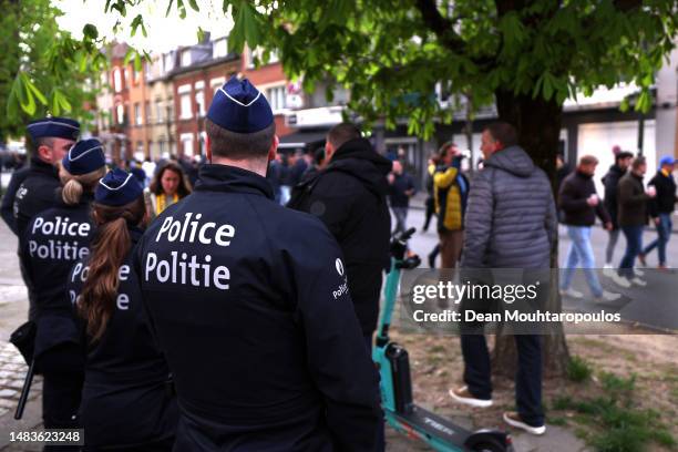 General view of Police as fans arrive prior to the UEFA Europa League Quarterfinal Second Leg match between Royale Union Saint-Gilloise and Bayer 04...