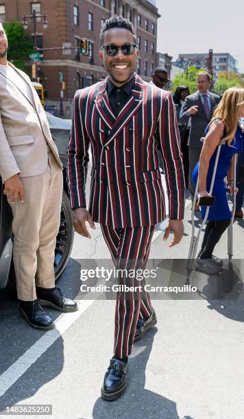 Actor/singer Leslie Odom Jr. Is seen leaving the 2023 Philadelphia Music Alliance Walk of Fame Plaque Unveiling on April 20, 2023 in Philadelphia,...