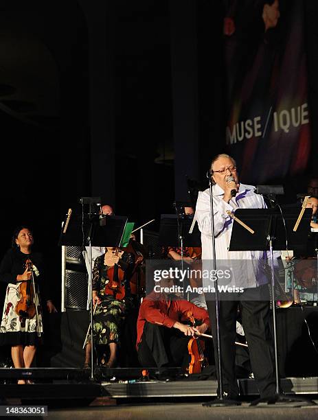 Trumpeter Arturo Sandoval performs at artistic director Rachael Worby's new orchestra - MUSE/IQUE - Summer Series Opening at Caltech's Beckman's Mall...