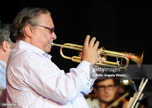 Trumpeter Arturo Sandoval performs at artistic director Rachael Worby's new orchestra - MUSE/IQUE - Summer Series Opening at Caltech's Beckman's Mall...