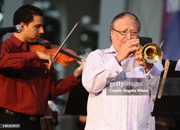 Trumpeter Arturo Sandoval performs at artistic director Rachael Worby's new orchestra - MUSE/IQUE - Summer Series Opening at Caltech's Beckman's Mall...