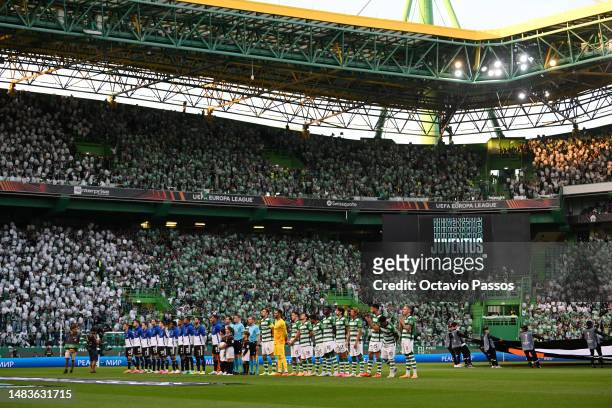 Sporting CP and Juventus players line up prior to the UEFA Europa League Quarterfinal Second Leg match between Sporting CP and Juventus at Estadio...