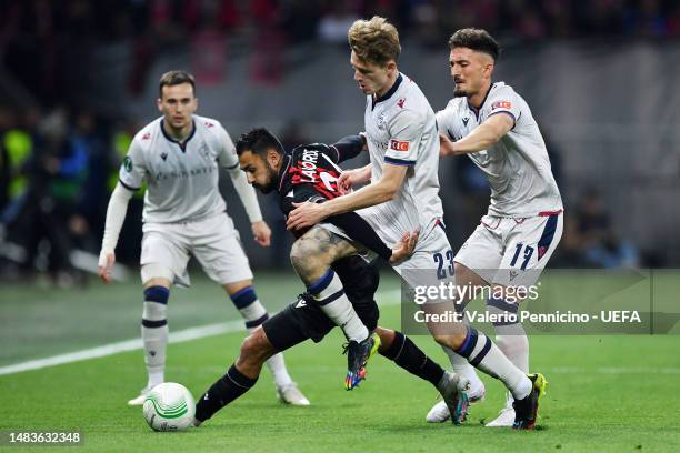 Gaetan Laborde of OGC Nice is challenged by Wouter Burger of FC Basel during the UEFA Europa Conference League Quarterfinal Second Leg match between...