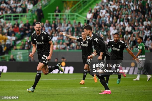 Adrien Rabiot of Juventus celebrates after scoring the team's first goal during the UEFA Europa League Quarterfinal Second Leg match between Sporting...