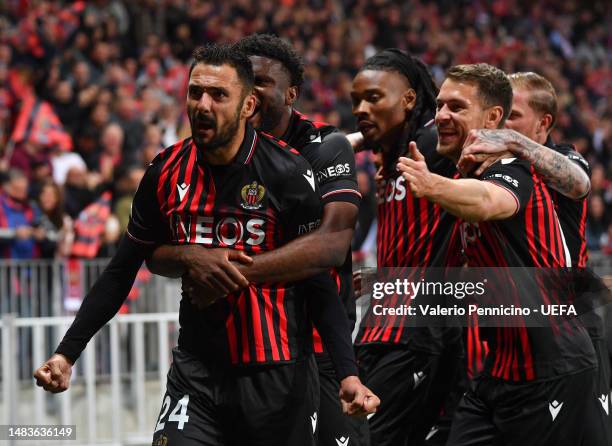 Gaetan Laborde of OGC Nice celebrates after scoring the team's first goal with teammates during the UEFA Europa Conference League Quarterfinal Second...