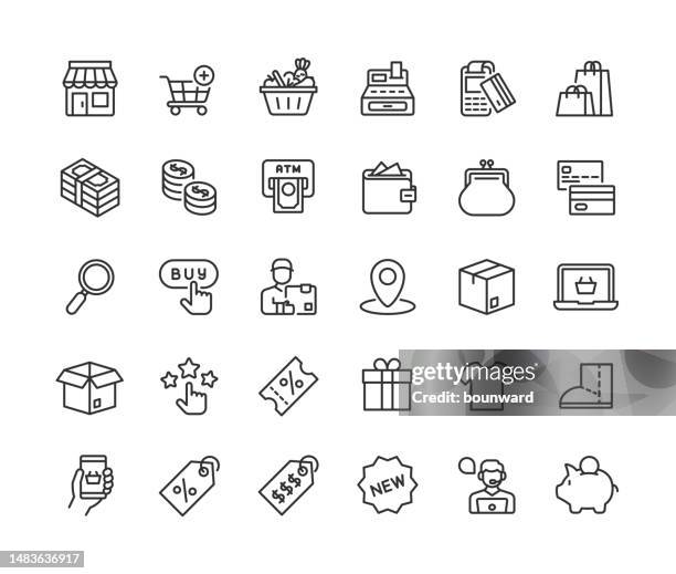 ilustraciones, imágenes clip art, dibujos animados e iconos de stock de iconos de línea de compras en línea. pixel perfecto. trazo editable. - compras