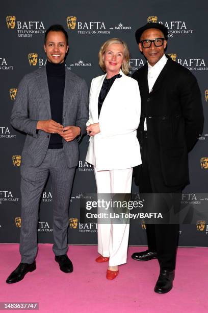 Will Kirk, Kirsten Ramsay and Jay Blades attends the BAFTA Television Craft and BAFTA Television Awards Nominees Party on April 20, 2023 in London,...