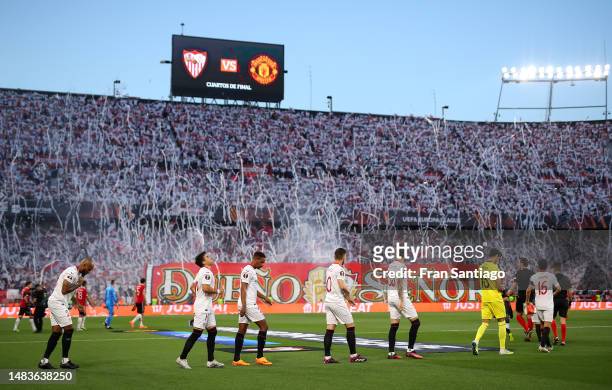 General view as players of Sevilla FC walk out of the tunnel prior to the UEFA Europa League Quarterfinal Second Leg match between Sevilla FC and...