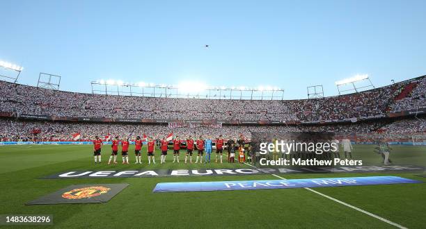 The two teams line up ahead of the UEFA Europa League quarterfinal second leg match between Sevilla FC and Manchester United at Estadio Ramon Sanchez...