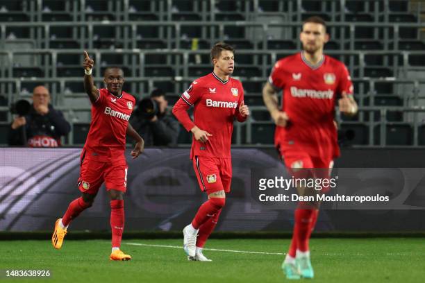 Moussa Diaby of Bayer 04 Leverkusen celebrates after scoring the team's first goal during the UEFA Europa League Quarterfinal Second Leg match...