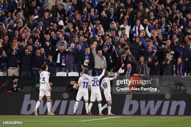 Hugo Cuypers of KAA Gent celebrates with team mates after scoring the team's first goal during the UEFA Europa Conference League Quarterfinal Second...
