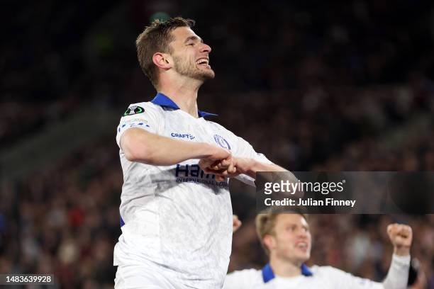 Hugo Cuypers of KAA Gent celebrates after scoring the team's first goal during the UEFA Europa Conference League Quarterfinal Second Leg match...