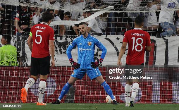 David de Gea of Manchester United reacts to conceding a goal to Youssef En-Nesyri of Sevilla FC during the UEFA Europa League quarterfinal second leg...