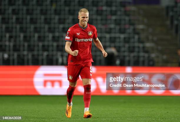 Mitchel Bakker of Bayer 04 Leverkusen celebrates after scoring the team's second goal during the UEFA Europa League Quarterfinal Second Leg match...