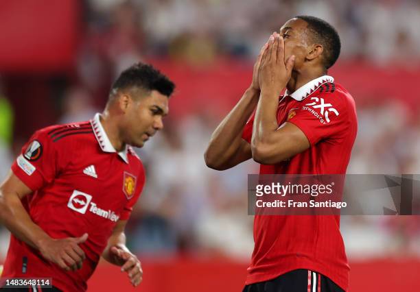 Anthony Martial of Manchester United reacts during the UEFA Europa League Quarterfinal Second Leg match between Sevilla FC and Manchester United at...