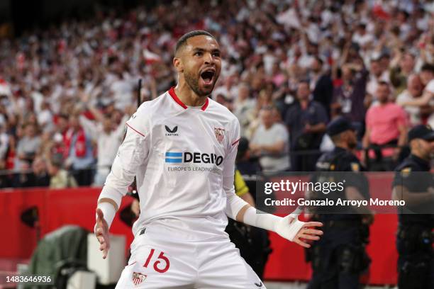 Yousseff En-Nesyri of Sevilla FC celebrates after scoring the team's first goal during the UEFA Europa League Quarterfinal Second Leg match between...