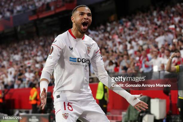 Yousseff En-Nesyri of Sevilla FC celebrates after scoring the team's first goal during the UEFA Europa League Quarterfinal Second Leg match between...