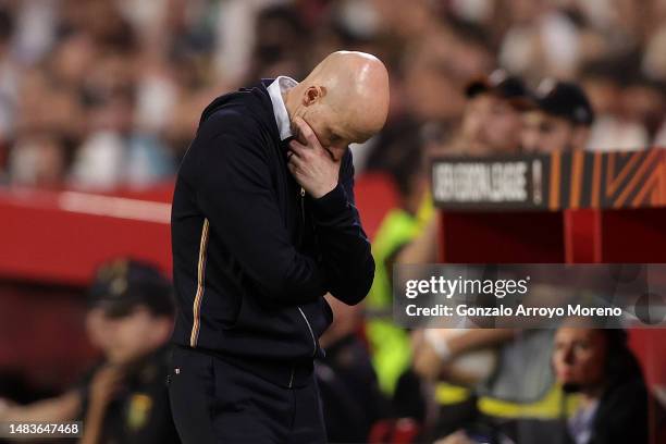 Erik ten Hag, Manager of Manchester United, looks dejected during the UEFA Europa League Quarterfinal Second Leg match between Sevilla FC and...