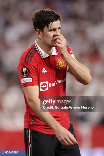 Harry Maguire of Manchester United looks dejected after Yousseff En-Nesyri of Sevilla FC scores the team's first goal during the UEFA Europa League...