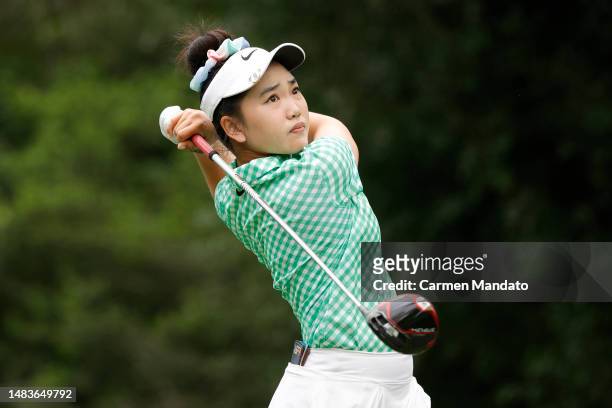 Lucy Li of the United States hits her tee shot on the 11th hole during the first round of The Chevron Championship at The Club at Carlton Woods on...