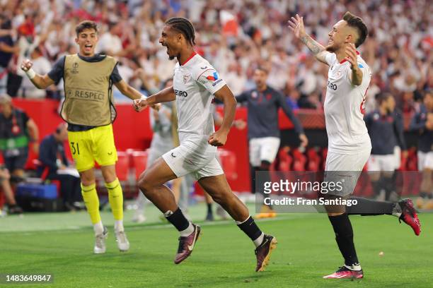 Loic Bade of Sevilla FC celebrates after scoring the team's second goal with teammates during the UEFA Europa League Quarterfinal Second Leg match...
