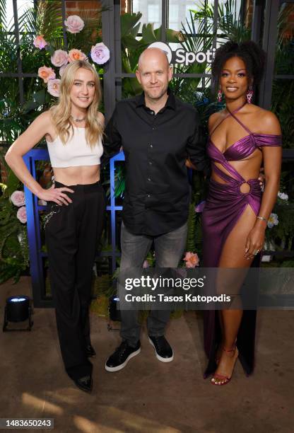 Ingrid Andress, CEO of Spotify, Daniel Ek and Ari Lennox attend Strike a Chord: DC - An Evening with Spotify at Autoshop on April 19, 2023 in...