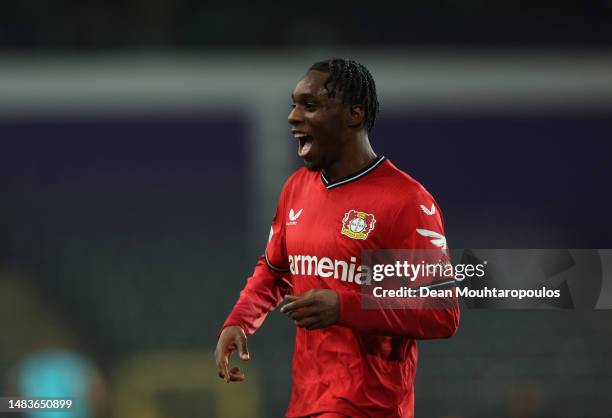 Jeremie Frimpong of Bayer 04 Leverkusen celebrates after scoring the team's third goal during the UEFA Europa League Quarterfinal Second Leg match...