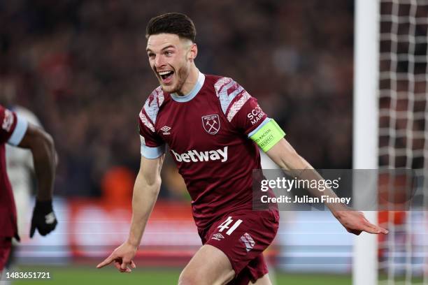 Declan Rice of West Ham United celebrates after scoring the team's third goal during the UEFA Europa Conference League Quarterfinal Second Leg match...