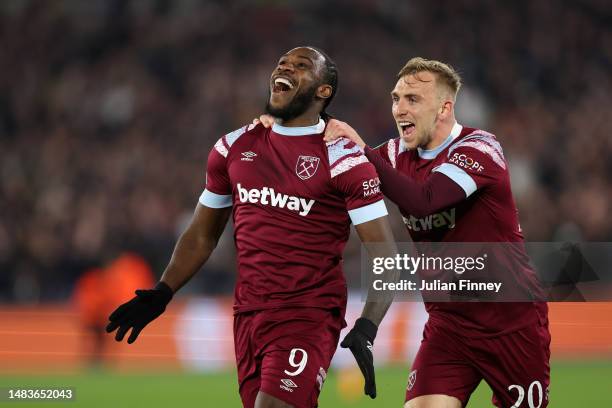 Michail Antonio of West Ham United celebrates with teammate Jarrod Bowen after scoring the team's fourth goal during the UEFA Europa Conference...