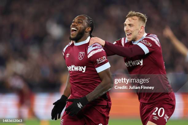 Michail Antonio of West Ham United celebrates with teammate Jarrod Bowen after scoring the team's fourth goal during the UEFA Europa Conference...