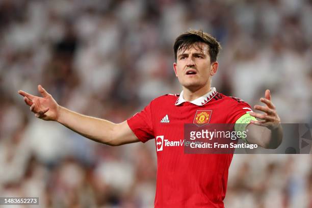 Harry Maguire of Manchester United reacts during the UEFA Europa League Quarterfinal Second Leg match between Sevilla FC and Manchester United at...
