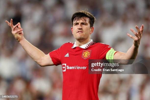 Harry Maguire of Manchester United reacts during the UEFA Europa League Quarterfinal Second Leg match between Sevilla FC and Manchester United at...