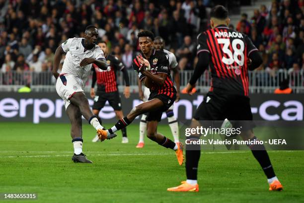 Jean Kevin Augustin of FC Basel scores the team's first goal during the UEFA Europa Conference League Quarterfinal Second Leg match between OGC Nice...