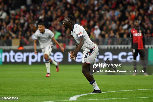 Jean Kevin Augustin of FC Basel celebrates after scoring the team's first goal during the UEFA Europa Conference League Quarterfinal Second Leg match...