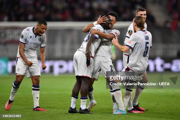 Jean Kevin Augustin of FC Basel celebrates after scoring the team's first goal with teammates during the UEFA Europa Conference League Quarterfinal...