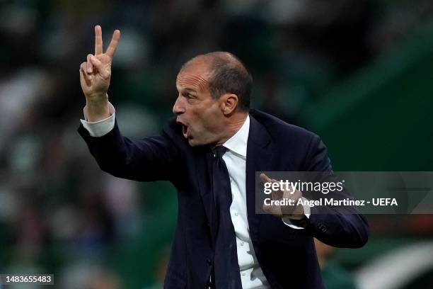 Massimiliano Allegri, Manager of Juventus, reacts during the UEFA Europa League Quarterfinal Second Leg match between Sporting CP and Juventus at...