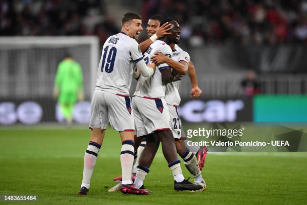 Jean Kevin Augustin of FC Basel celebrates after scoring the team's first goal with teammates during the UEFA Europa Conference League Quarterfinal...