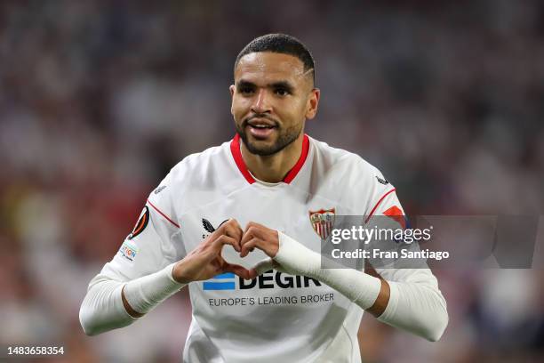 Yousseff En-Nesyri of Sevilla FC celebrates after scoring the team's third goal during the UEFA Europa League Quarterfinal Second Leg match between...